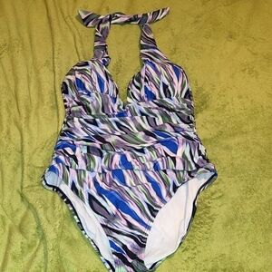 Kenneth Cole Halter One Piece Swimsuit Tummy Control Cover Pink Purple Black XL